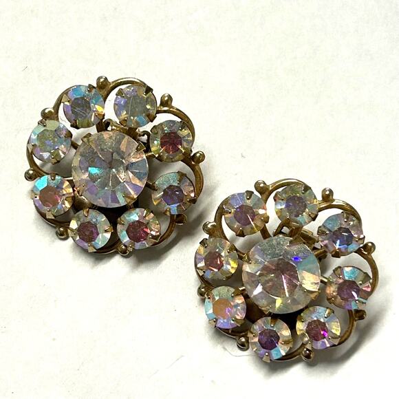 Weiss Vintage MCM Clear Aurora Borealis Rhinestone Clip On Earrings - Picture 1 of 4